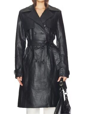 . Superdown Black Faux Leather Animal Print Button Up Belted Trench Coat